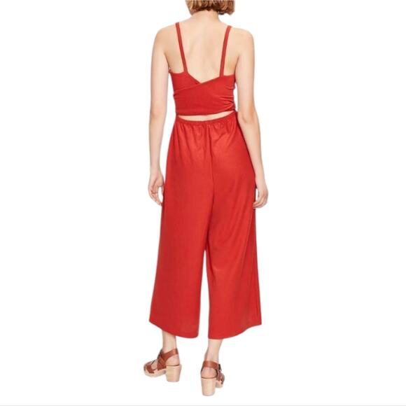Loft Rust Red Orange Ribbed Sleeveless Tie-back Wrap Wide-Leg Jumpsuit Size XS - Picture 4 of 13